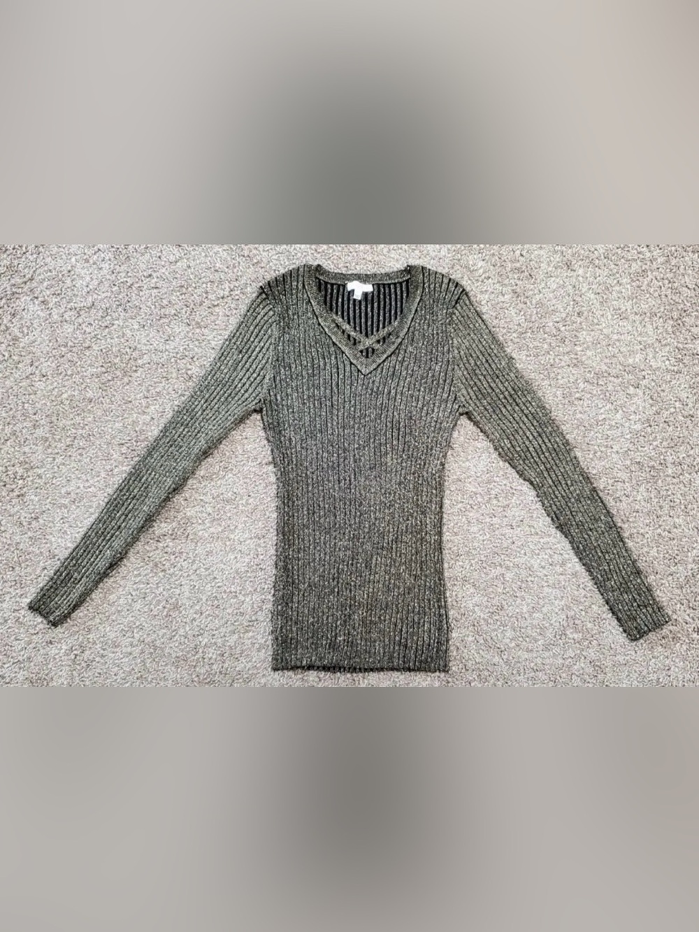 Women's A'gaci Stretch Ribbed Long Sleeve Sweater Top Size L Gold Black